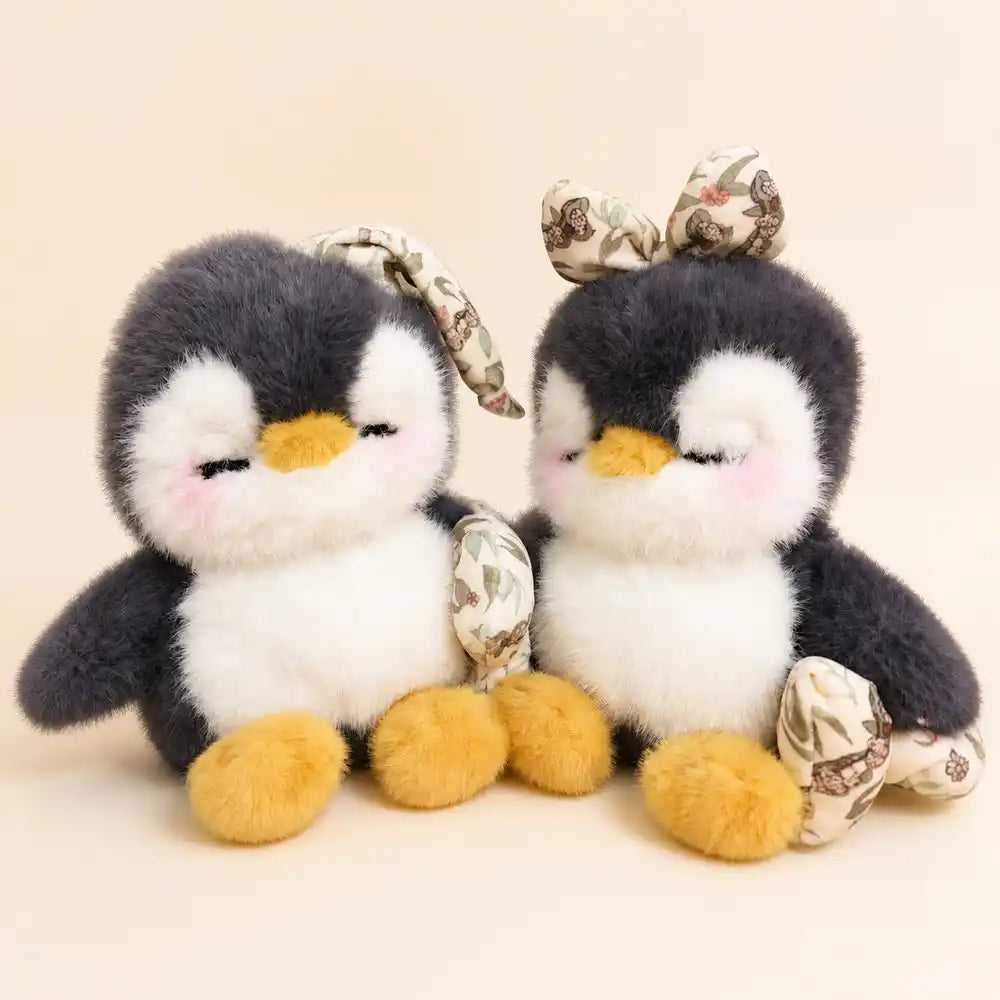 Floral Bow Penguin Plush Toy Pair - Front View