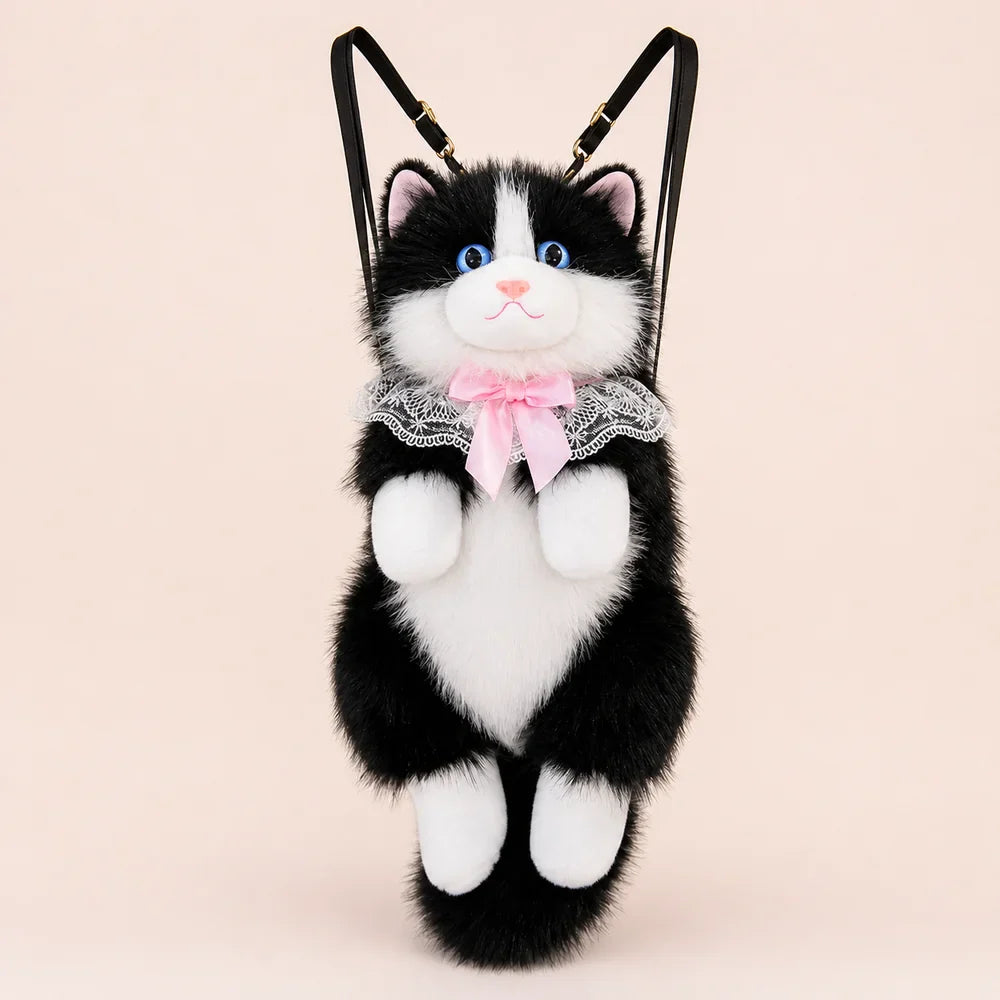 Black Fluffy Cat Backpack Plush Front View