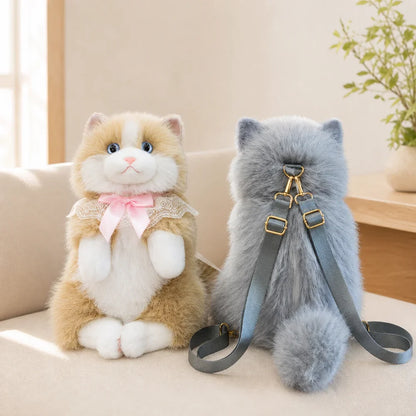 Fluffy Cat Backpack Plush Front and Back View