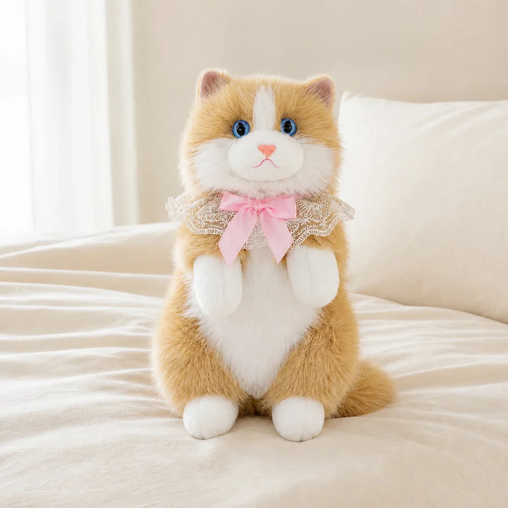 Ginger Fluffy Cat Backpack Plush on a Cozy Bed