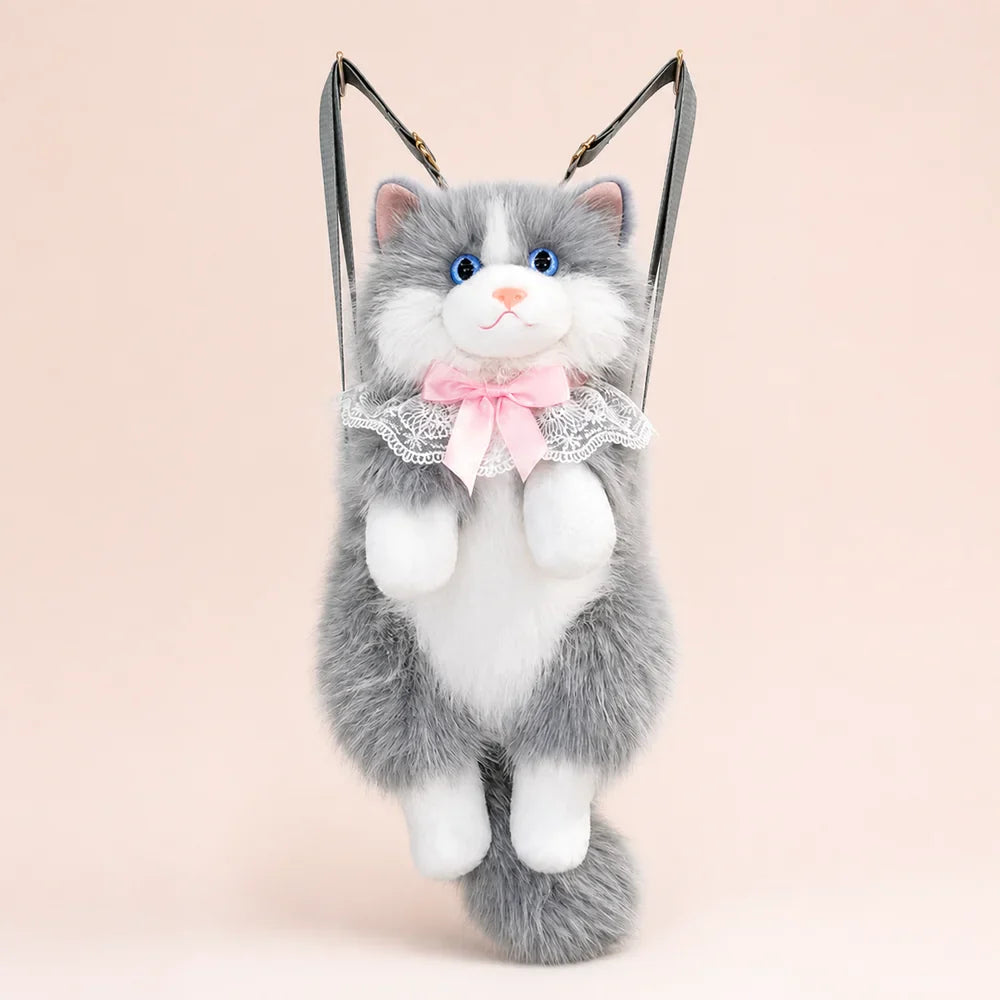 Gray Fluffy Cat Backpack Plush Front View