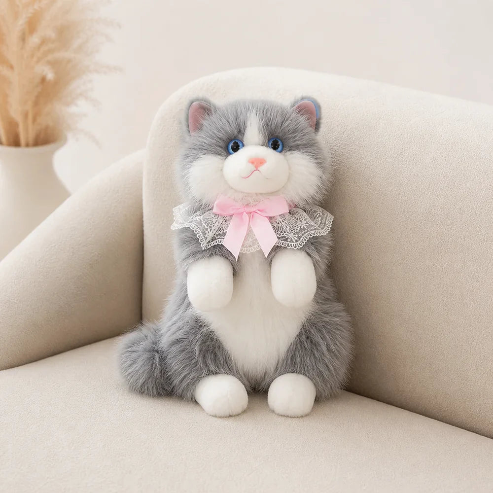 Gray Fluffy Cat Backpack Plush on a Cozy Sofa
