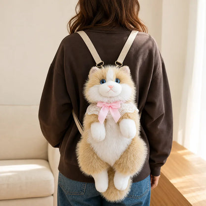 Ginger Fluffy Cat Backpack Plush Worn View