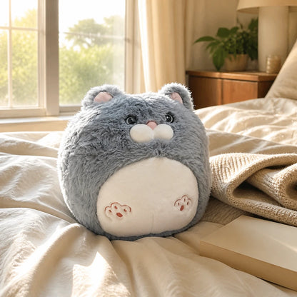 Fluffy Cat Plush Grey on Bed