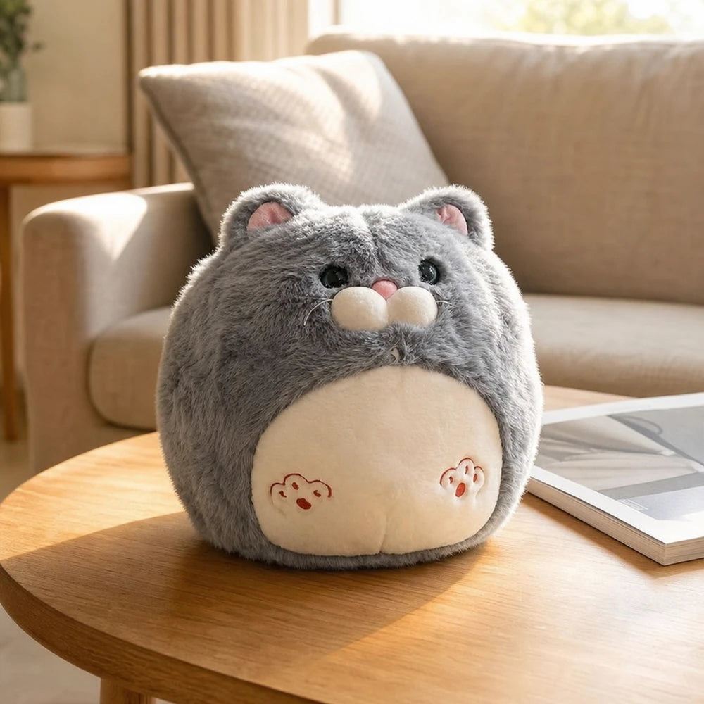 Fluffy Cat Plush Grey on Coffee Table
