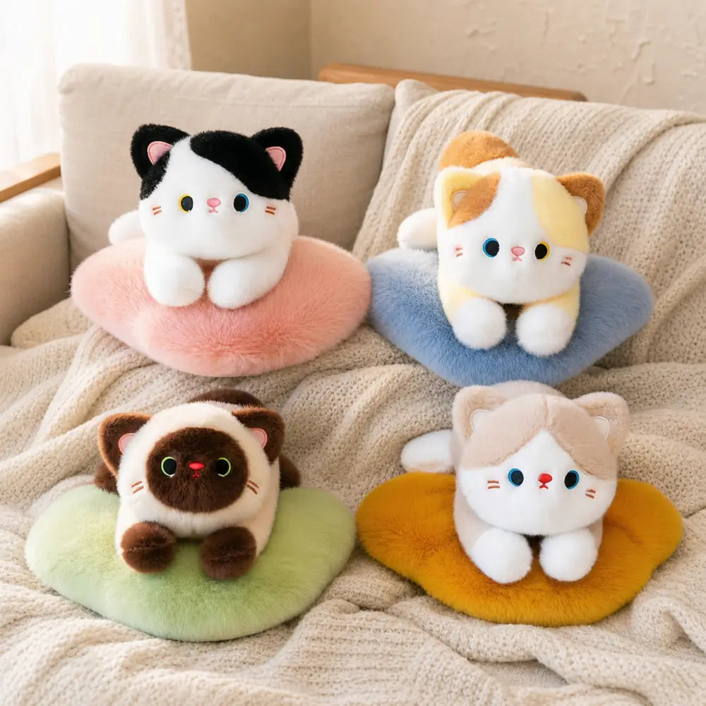 Four Color Cat Plush Pillows on a Cream Sofa