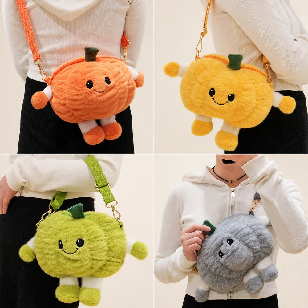 Pumpkin Plush Crossbody Bags Worn in Four Colors