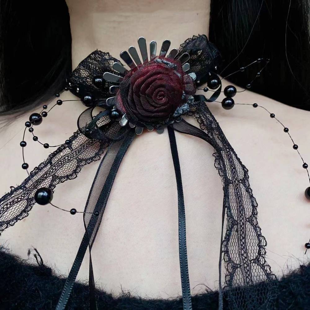 Gothic Black Lace Red Rose Ribbon Choker