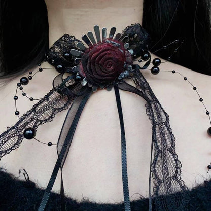 Gothic Black Lace Red Rose Ribbon Choker