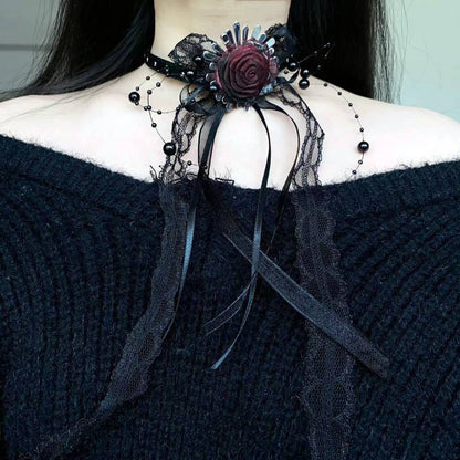 Gothic Black Lace Red Rose Ribbon Choker