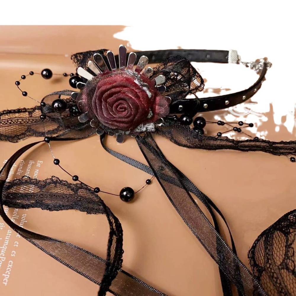 Gothic Black Lace Red Rose Ribbon Choker