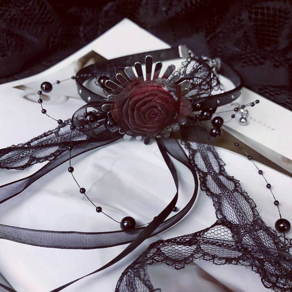 Gothic Black Lace Red Rose Ribbon Choker