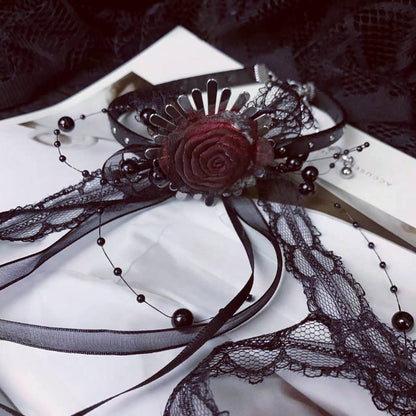 Gothic Black Lace Red Rose Ribbon Choker