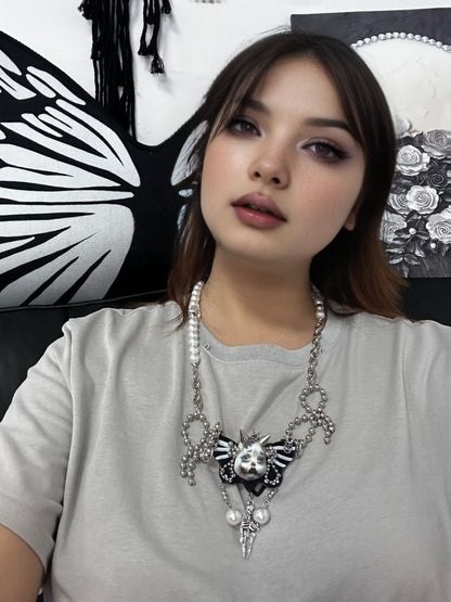 Gothic Skull Doll Butterfly Pearl Black Choker