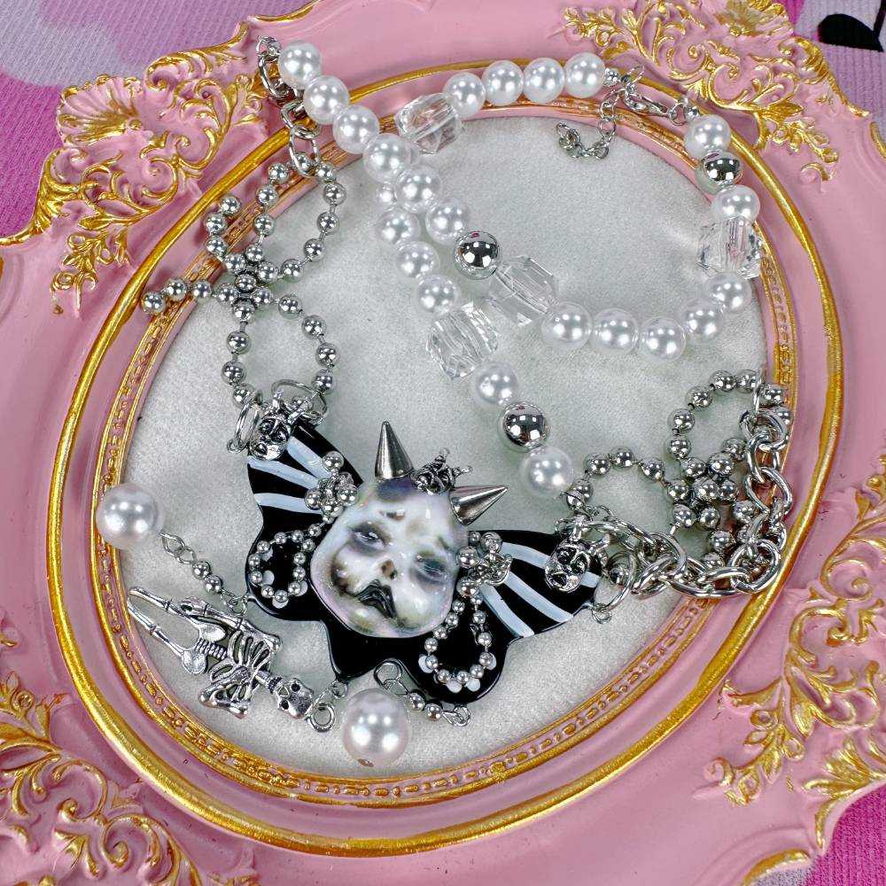 Gothic Skull Doll Butterfly Pearl Black Choker