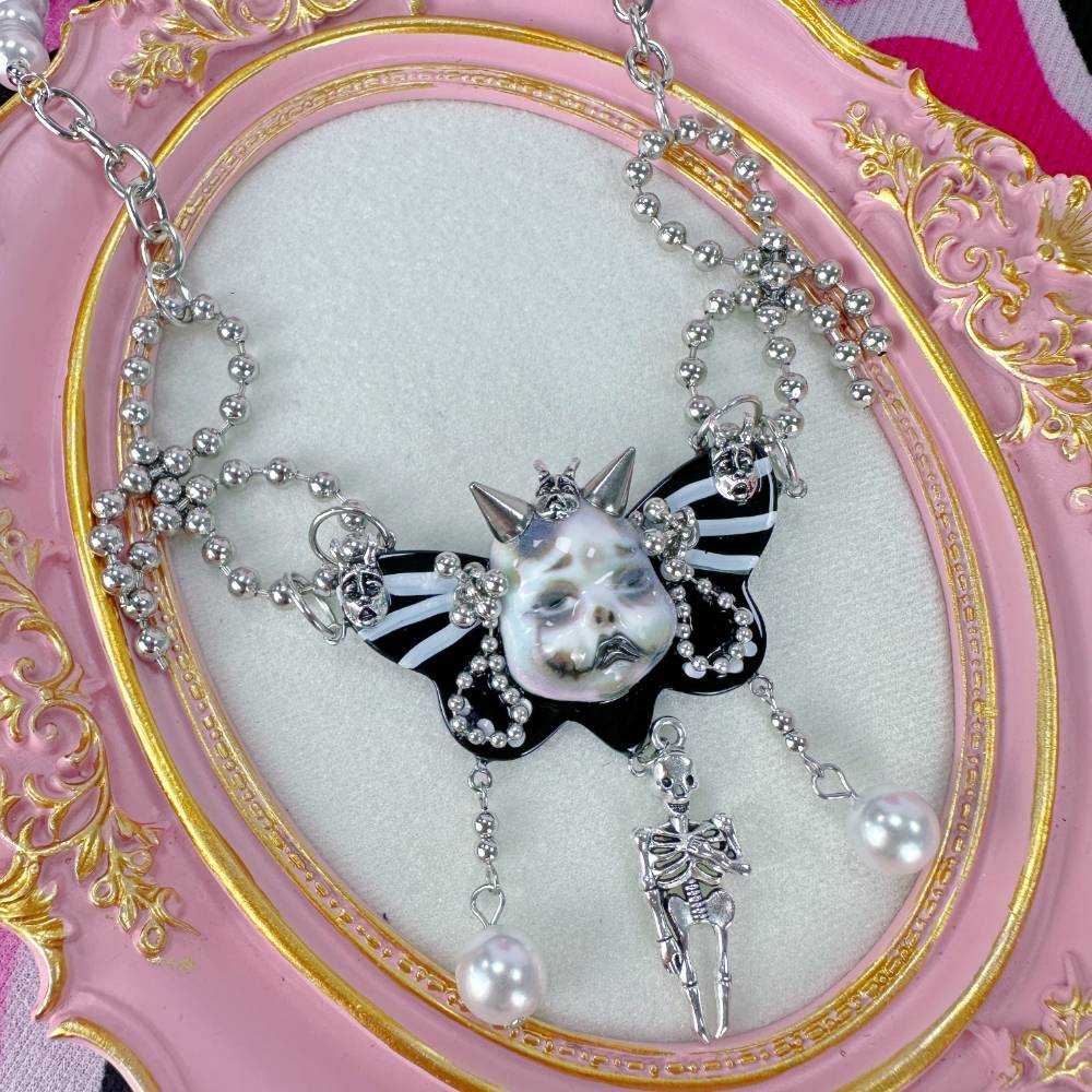 Gothic Skull Doll Butterfly Pearl Black Choker