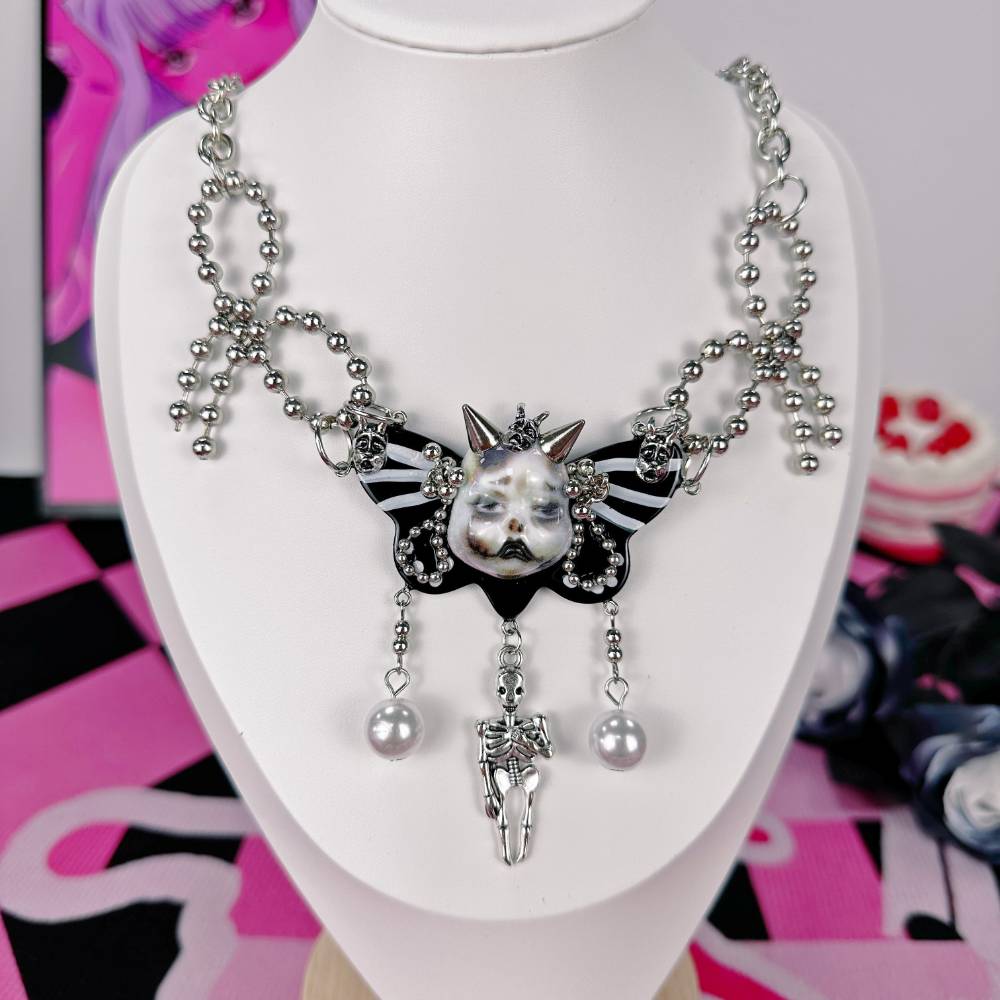 Gothic Skull Doll Butterfly Pearl Black Choker
