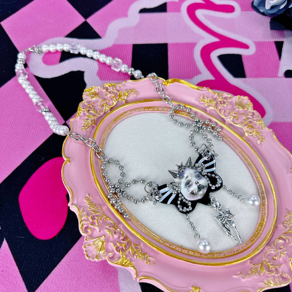 Gothic Skull Doll Butterfly Pearl Black Choker