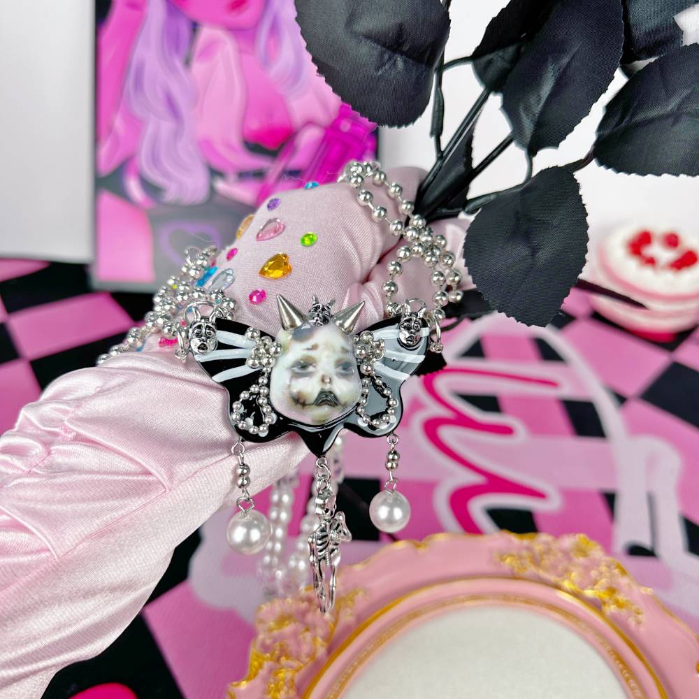 Gothic Skull Doll Butterfly Pearl Black Choker