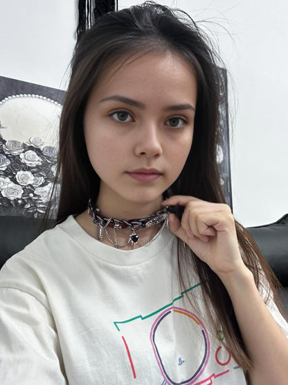 Gothic Red & Black Devil Heart Chain Leather Choker