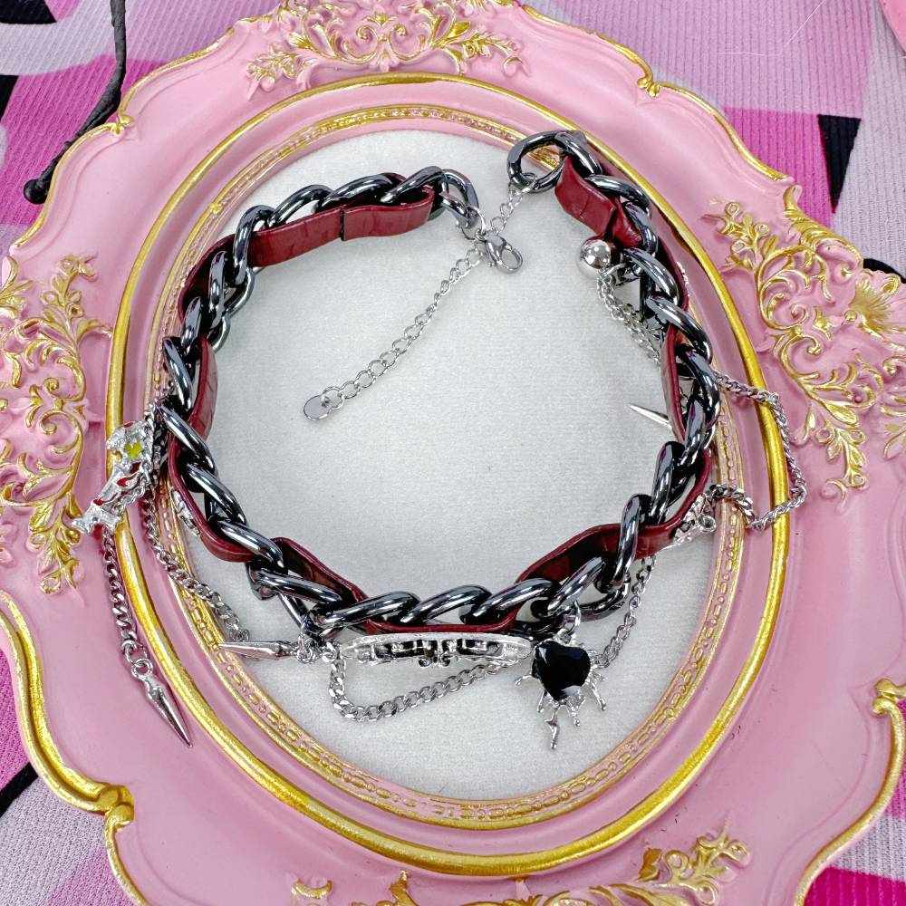 Gothic Red & Black Devil Heart Chain Leather Choker