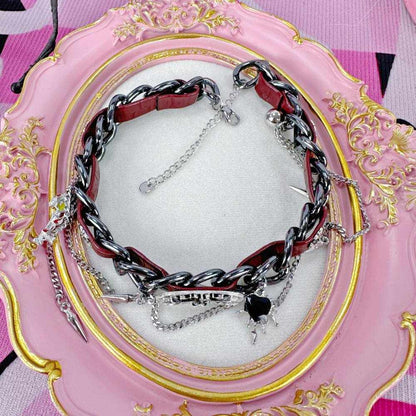 Gothic Red & Black Devil Heart Chain Leather Choker
