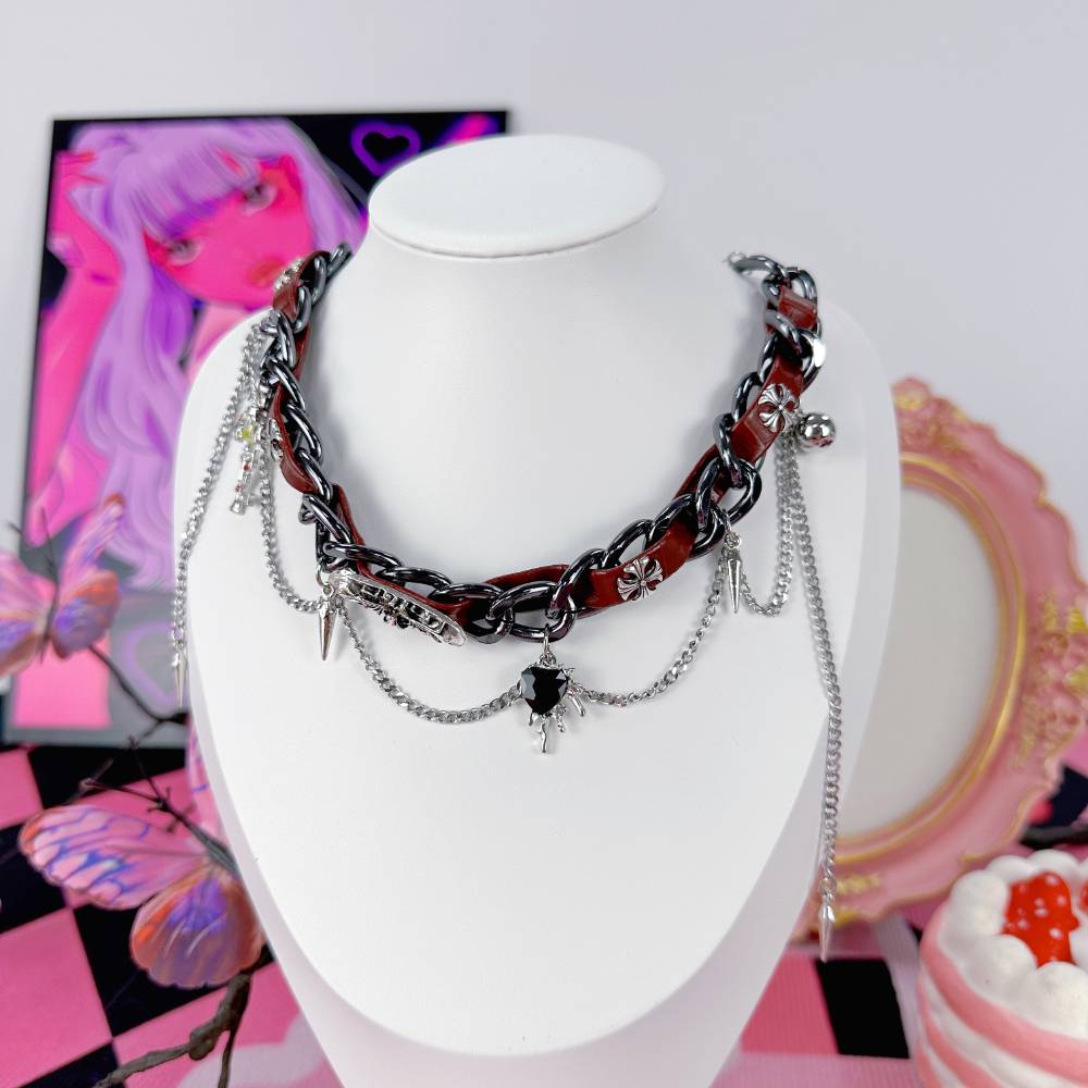 Gothic Red & Black Devil Heart Chain Leather Choker