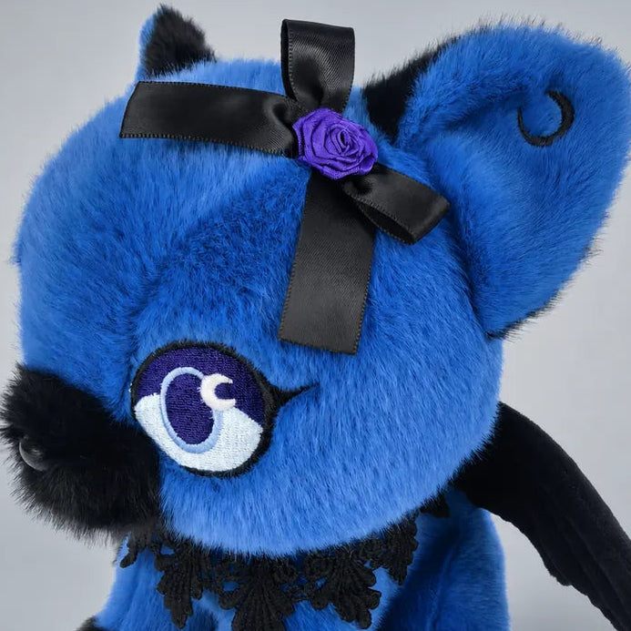 Gothic Blue Bat Cat Plush Bow and Wing Detail