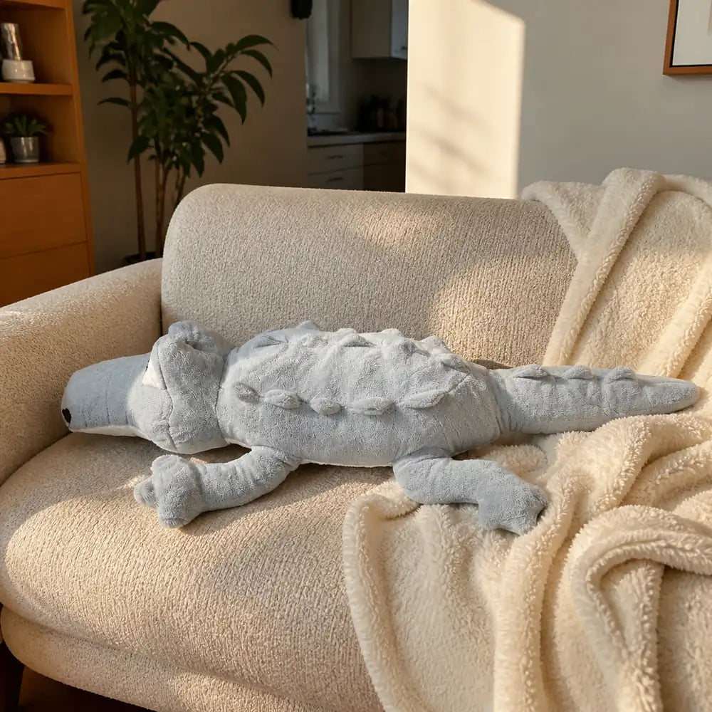 Gray 100cm crocodile plush on a warm living room sofa