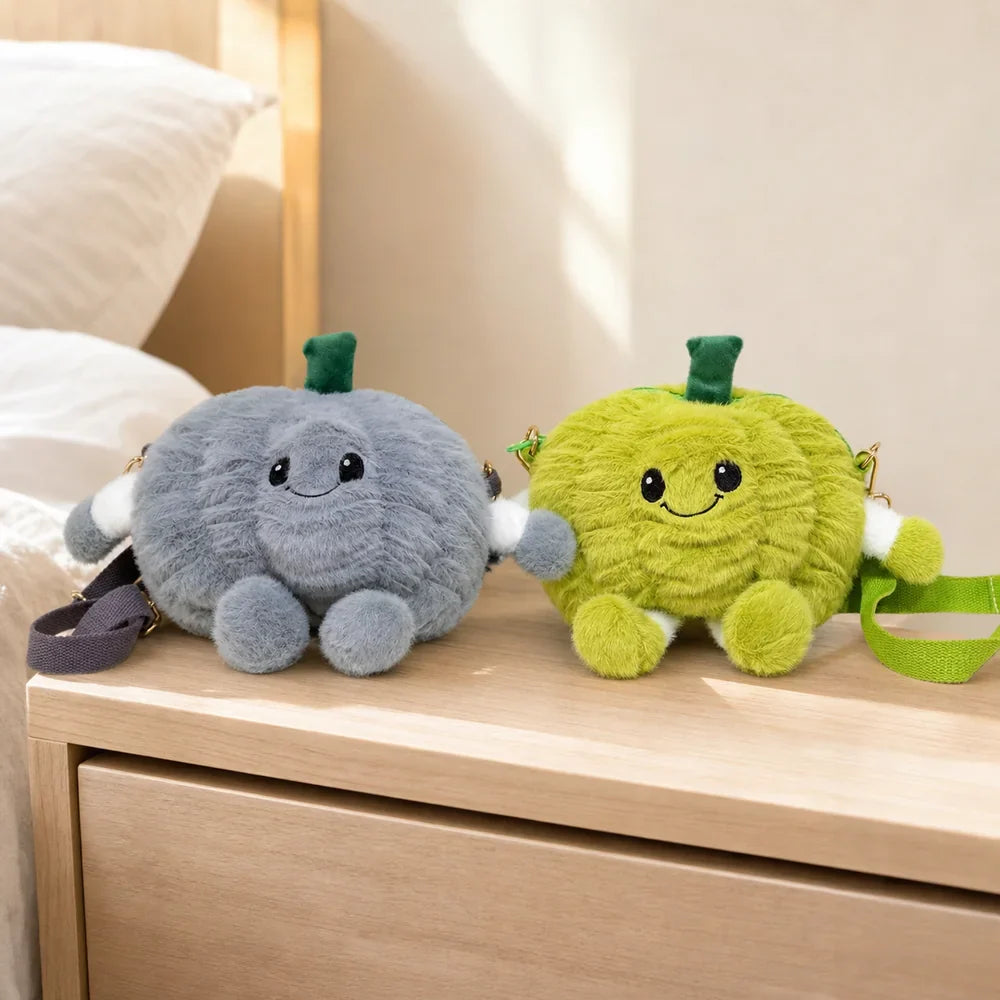 Gray and Lime Pumpkin Plush Crossbody Bags on Bedside Table