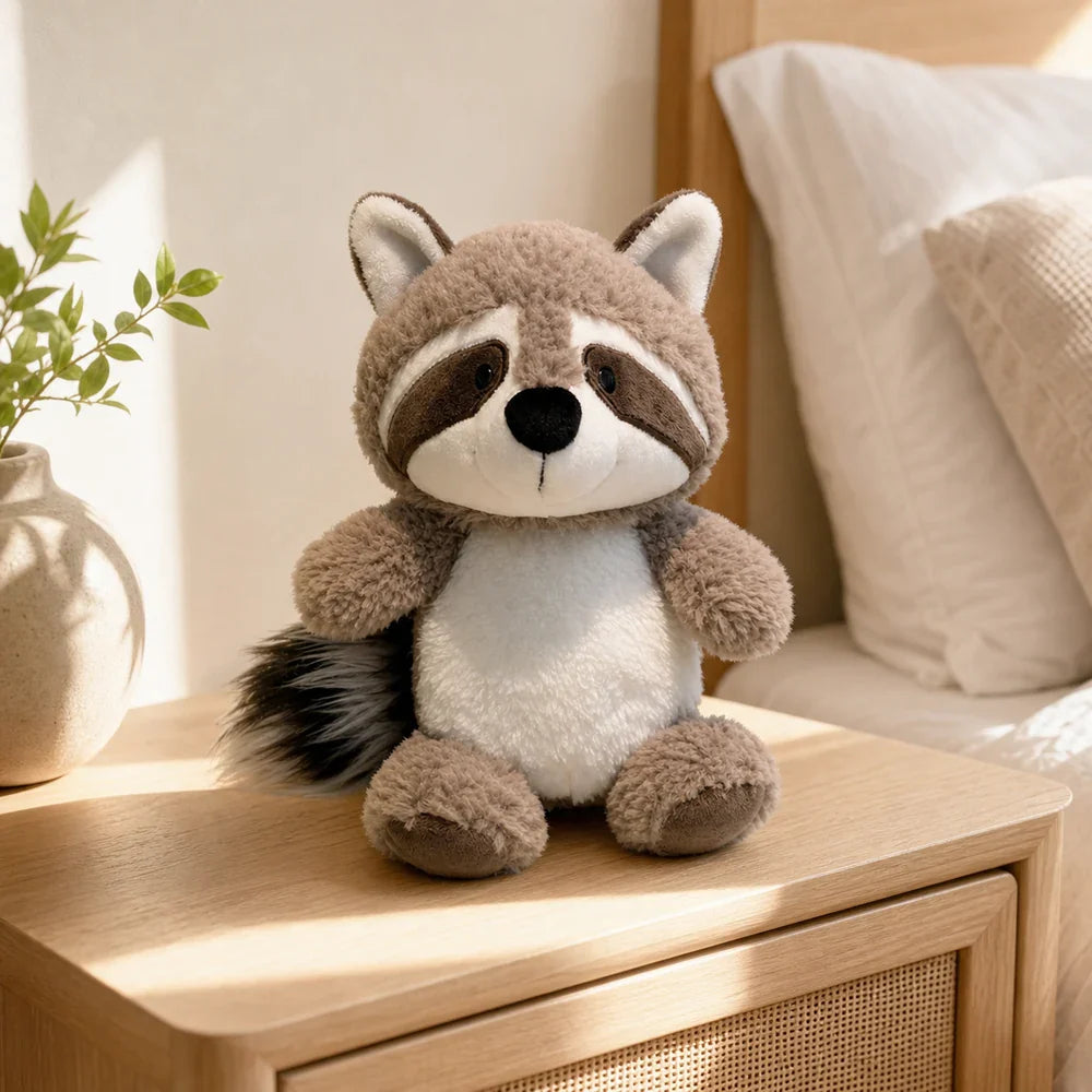Cute Gray Raccoon Plush Toy on a Bedside Table