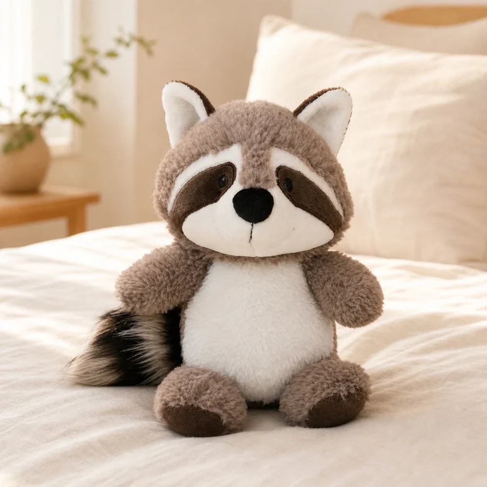 Cute Gray Raccoon Plush Toy on a Cream Bed