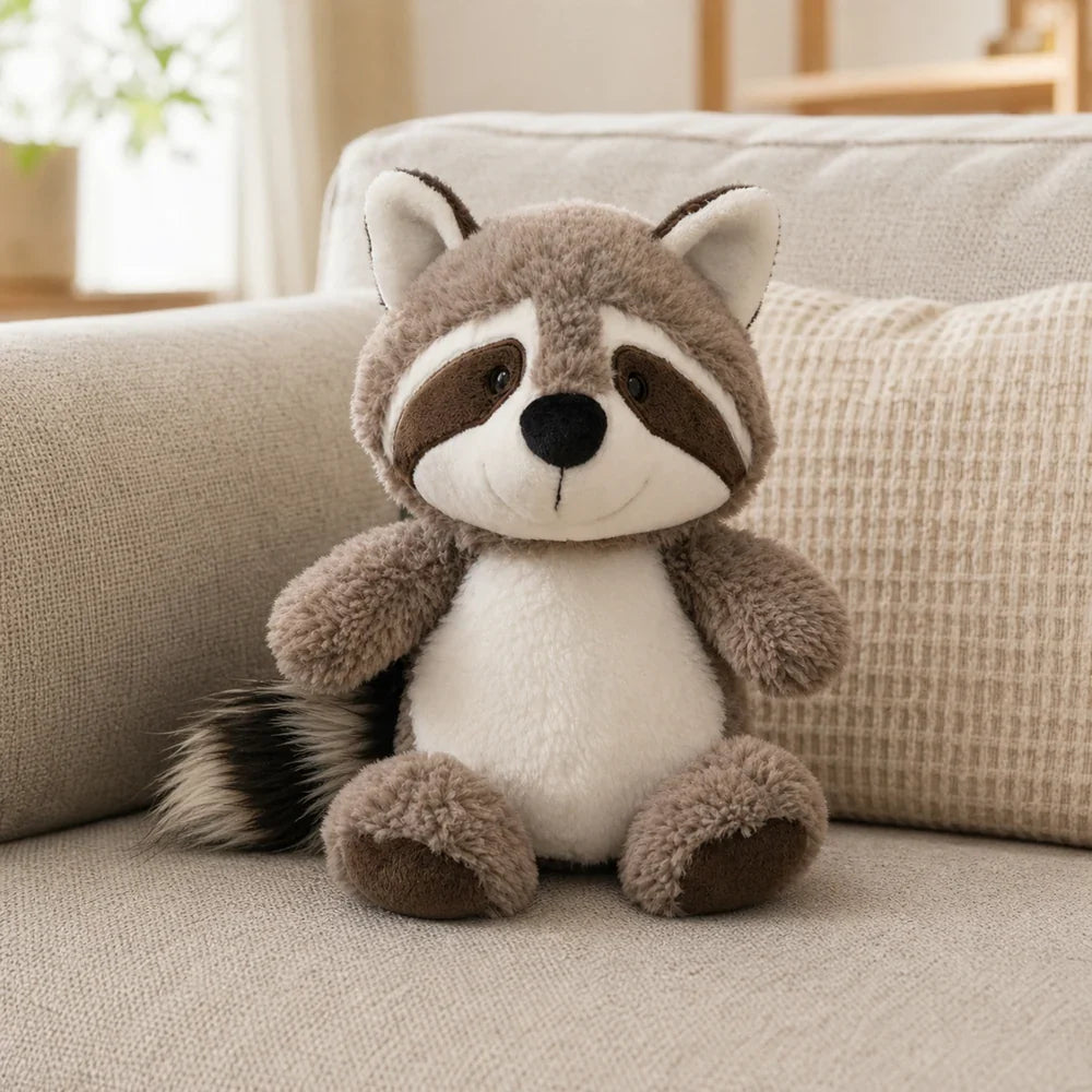 Cute Gray Raccoon Plush Toy on a Cream Sofa