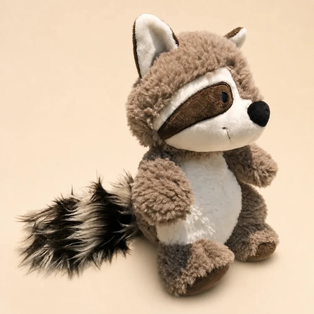 Cute Gray Raccoon Plush Toy – Three-Quarter View
