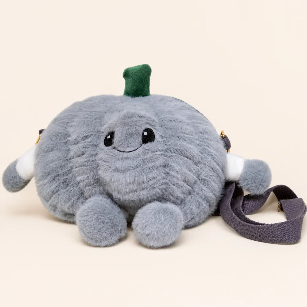 Gray Pumpkin Plush Crossbody Bag on Warm Ivory Background