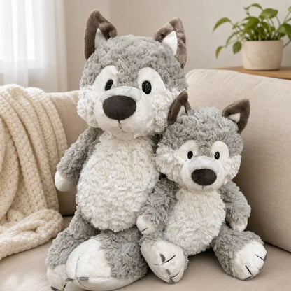 Gray Wolf Plush Stuffed Animals Two Sizes on Sofa