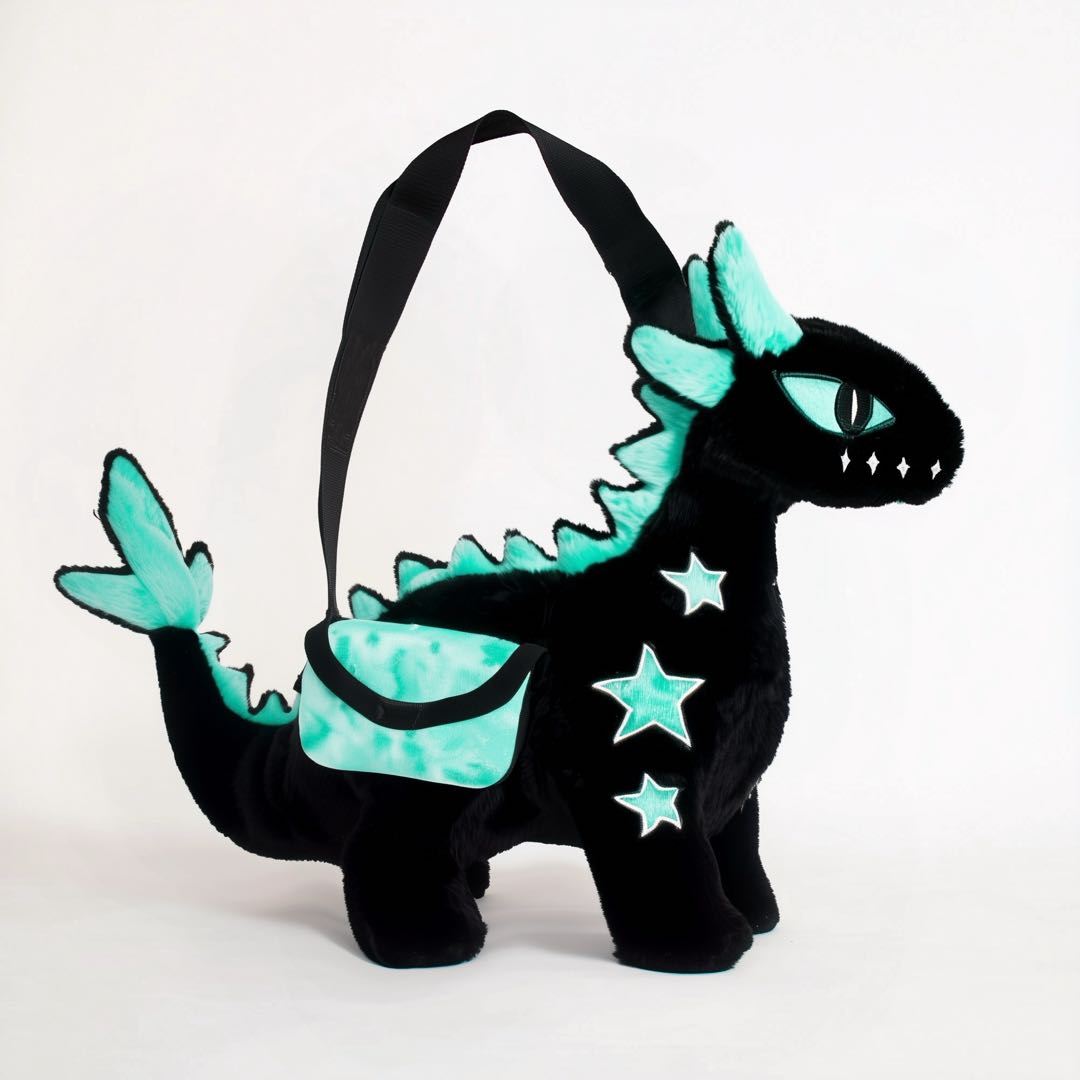 blue green goth magic dragon plush crossbody bag