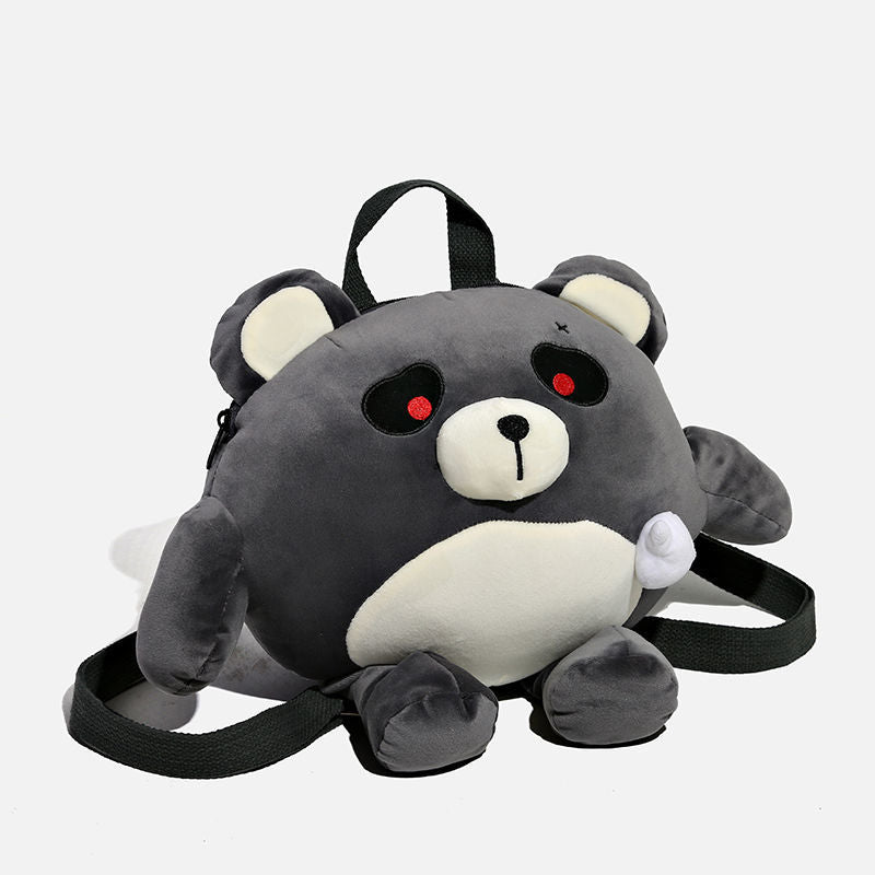 Gray teddy bear backpack with red eyes