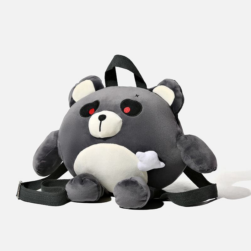 Gray teddy bear backpack with red eyes