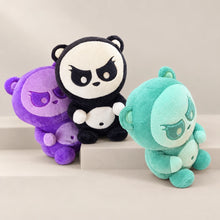 Grumpy panda plush toys in purple, black and white, and mint green, shown together.