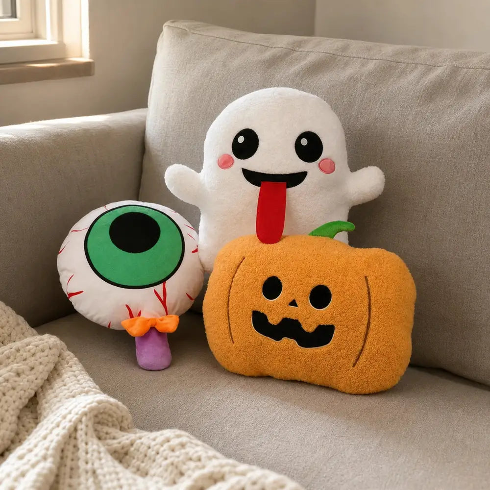 Halloween Plush Set on a Linen Sofa