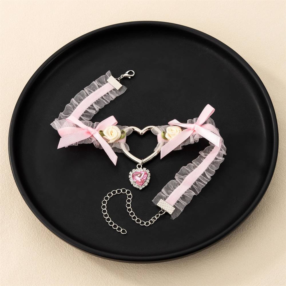 Rose Diamond Heart Ribbon Choker Lace