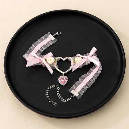 Rose Diamond Heart Ribbon Choker Lace