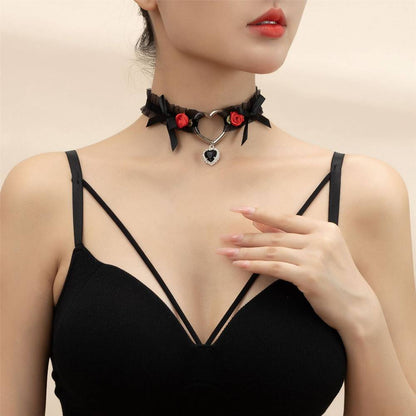 Rose Diamond Heart Ribbon Choker Lace