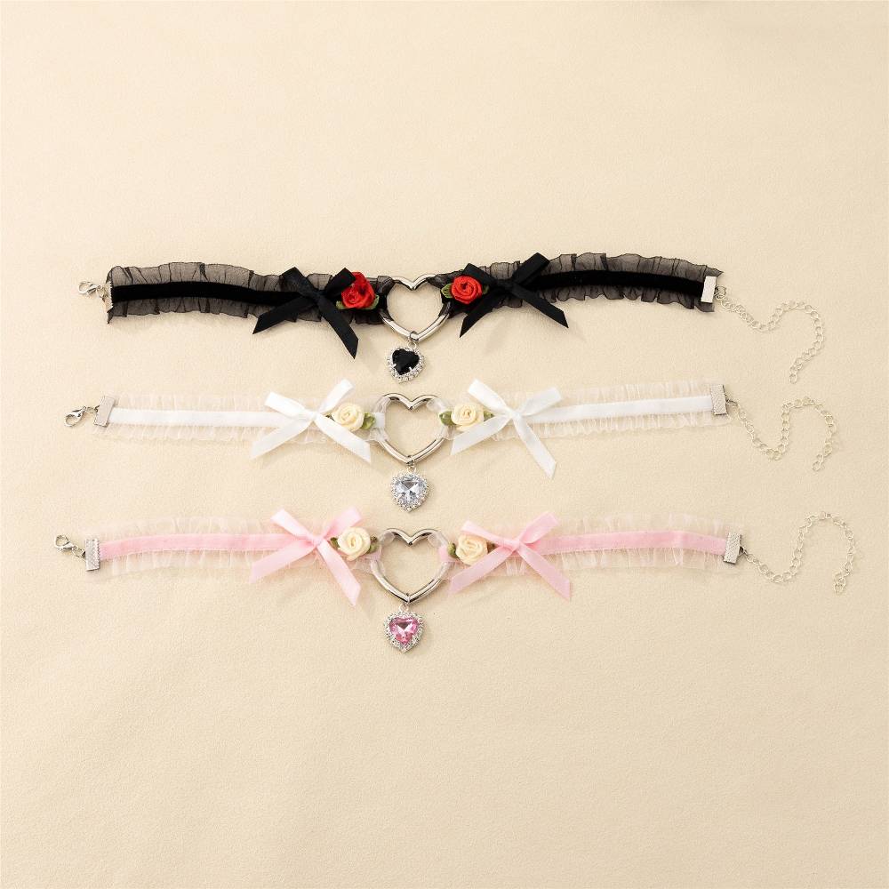 Rose Diamond Heart Ribbon Choker Lace