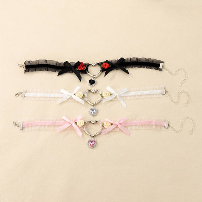 Rose Diamond Heart Ribbon Choker Lace