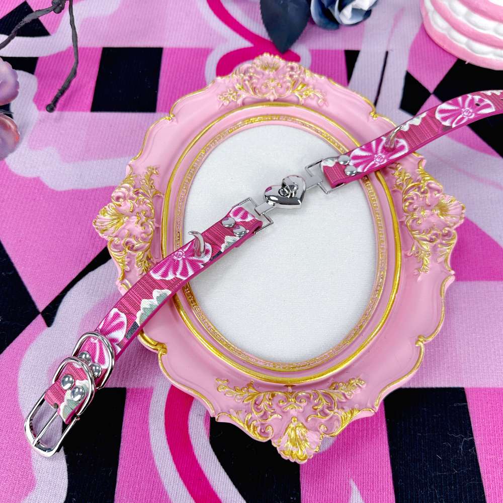 Cute Floral Heart Pink Leather Choker