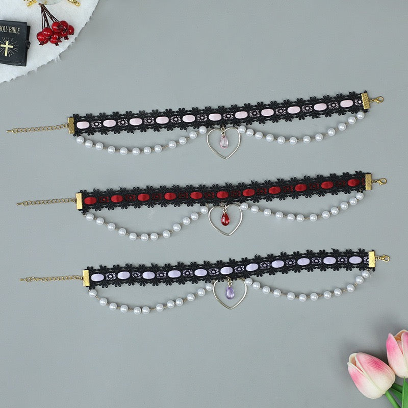 Pearl Heart Fringe Black Lace Choker