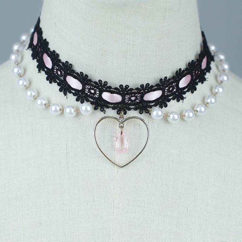 Pearl Heart Fringe Black Lace Choker
