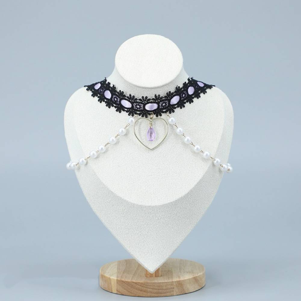 Pearl Heart Fringe Black Lace Choker